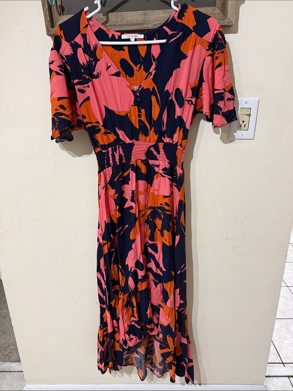 Abel the Label Anthropologie “Clare” High Low Floral Maxi Dress Navy Orange Pink